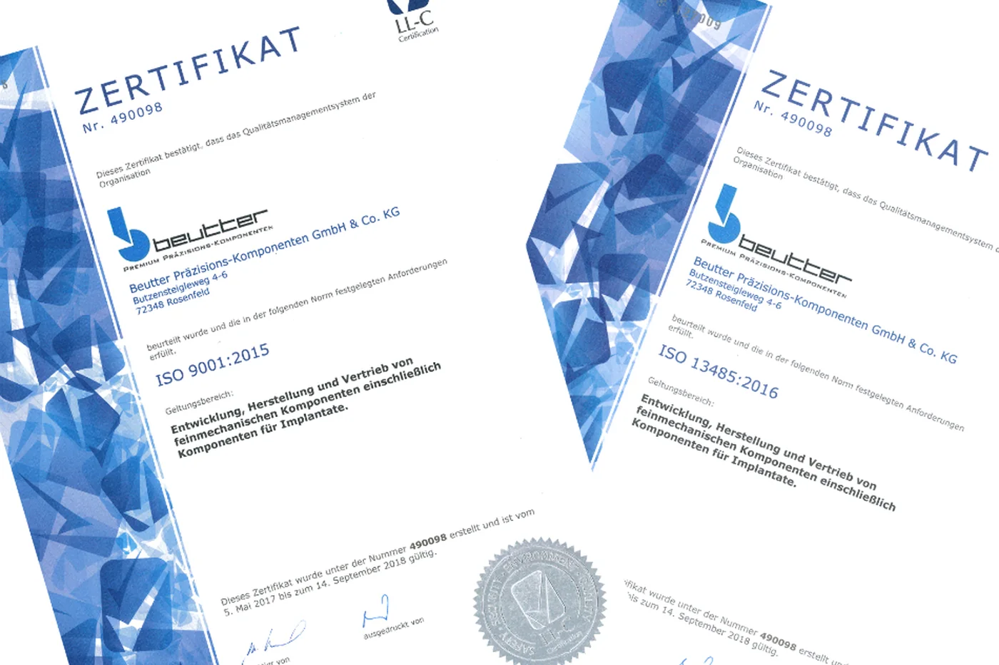 Zertifikate ISO 9001:2015 und ISO 13485:2016 der Beutter Präzisions-Komponenten GmbH & Co. KG